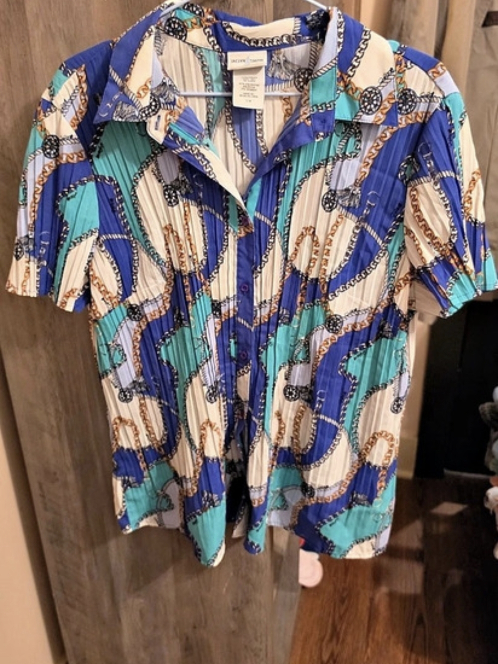Jaclyn Smith Chain Nautical Print Button Down Top in Blue Green Size L mob Wife